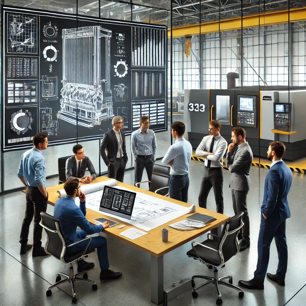 DALL·E-2025-03-17-10.50.32-A-professional-team-managing-a-CNC-sheet-metal-bending-project-in-an-industrial-office-setting.-Engineers-and-project-managers-are-gathered-around-a-t.webp